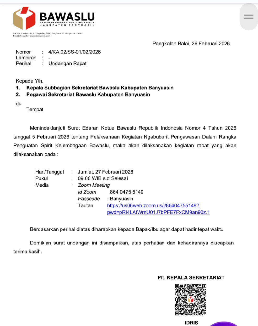 Surat undangan persiapan Ngabuburit Pengawasan